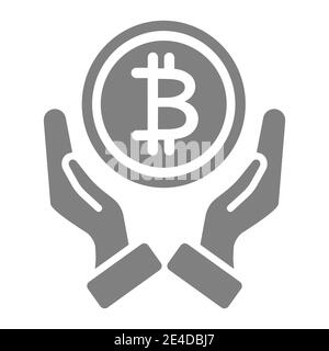 Investments solid icon. Coin in hands vector illustration isolated on white. Bitcoin and hands glyph style design, designed for web and app. Eps 10. Stock Vector