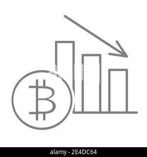 Bitcoin rate decrease thin line icon. Cryptocurrency graphic down vector illustration isolated on white. Fall graph outline style design, designed for Stock Vector