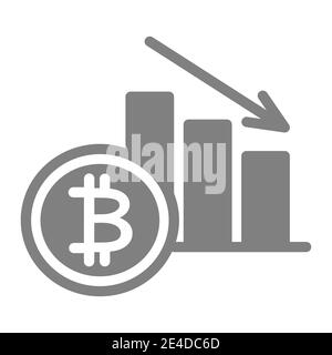 Bitcoin rate decrease solid icon. Cryptocurrency graphic down vector illustration isolated on white. Fall graph glyph style design, designed for web Stock Vector