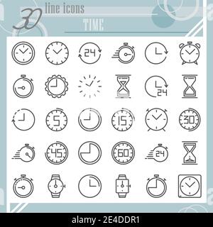 Time line icon set, clock symbols collection, vector sketches, logo illustrations, watch signs linear pictograms package isolated on white background Stock Vector