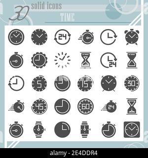 Time glyph icon set, clock symbols collection, vector sketches, logo illustrations, watch signs solid pictograms package isolated on white background Stock Vector