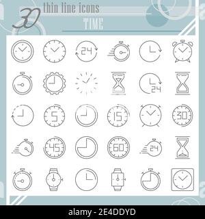 Time thin line icon set, clock symbols collection, vector sketches, logo illustrations, watch signs linear pictograms package isolated on white Stock Vector