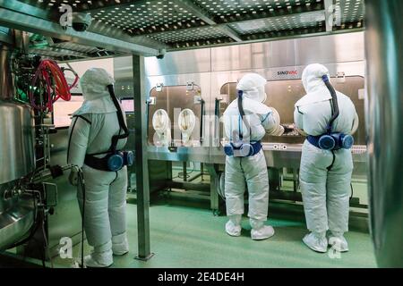 (210123) -- BEIJING, Jan. 23, 2021 (Xinhua) -- Staff members work at the high-level biosafety protective zone in the COVID-19 vaccine stock solution workshop soon to be put into operation at Sinovac Life Sciences Co., Ltd. in Beijing, capital of China, July 15, 2020. In late 2019, the novel coronavirus emerged and rapidly spread across the world. Tens of millions of people have been infected. Scientists isolated the virus from patients and named the virus COVID-19. As the coronavirus wreaks havoc on the world, vaccine has become a hope for humanity to conquer the pandemic. Scientists cultivate Stock Photo