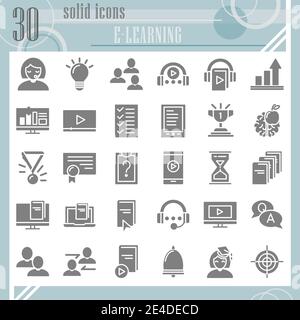 E-learning glyph icon set, education symbols collection, vector sketches, logo illustrations, study signs solid pictograms package isolated on white Stock Vector