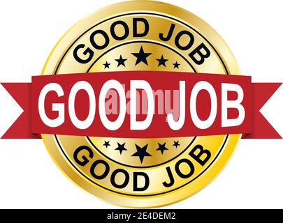 good job 3d gold badge with red ribbon Stock Vector