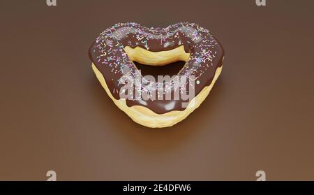 heart-shaped donut covered with chocolate and colored confetti on a chocolate-colored background . 3d render Stock Photo