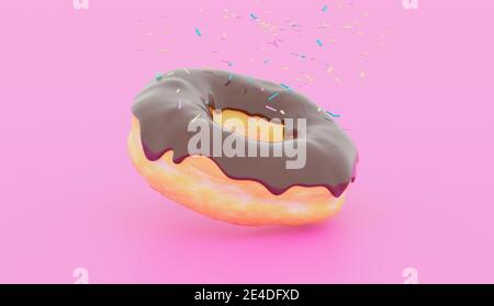 chocolate donut on a pink background with colorful confetti falling on it Stock Photo