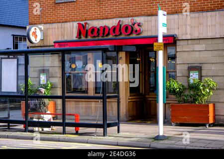 Epsom Surrey, London UK January 21 2021, Nando’s Restaurant CLosed During Coronavirus Covid-19 Pandemic Lockdown Stock Photo