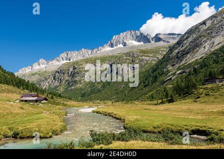 Peak of Care Alto (3462 m) and Chiese river in the National Park of Adamello Brenta seen from the Val di Fumo. Trentino Alto Adige, Italy Stock Photo