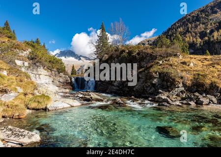 National Park of Adamello Brenta with the mountain peak of the Care Alto (3462 m) and Chiese river, italian Alps, Trentino Alto Adige, Italy, Europe Stock Photo