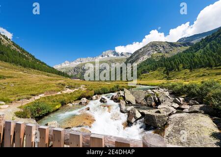 Peak of Care Alto (3462 m) and Chiese River in the National Park of Adamello Brenta seen from the Val di Fumo. Trentino Alto Adige, Italy Stock Photo