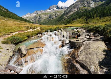 Peak of Care Alto (3462 m) and Chiese river in the National Park of Adamello Brenta seen from the Val di Fumo. Trentino Alto Adige, Italy Stock Photo