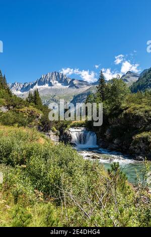 Adamello and Brenta National Park with the mountain peak of the Care Alto (3462 m) and Chiese river, italian Alps, Trentino Alto Adige, Italy, Europe Stock Photo