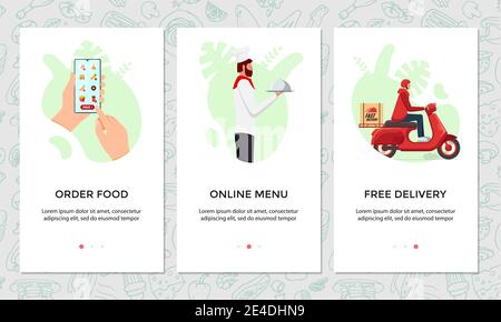 Order food online mobile app banner set. Chooses dish on smartphone screen template. Chef cooked food and express free scooter delivery from restaurant service concept. Product shipping illustration Stock Vector