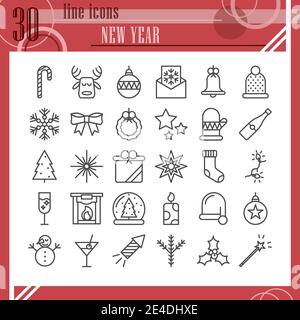 New Year line icon set, christmas symbols collection, vector sketches, logo illustrations, winter signs linear pictograms package isolated on white Stock Vector