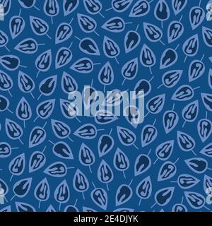 Fashionable artistic vector foliage seamless ditsy pattern design of leaves. Elegant foliate texture of vibrant leaves with classic blue background Stock Vector