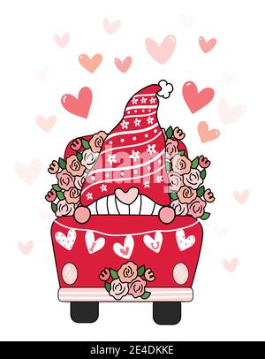 Valentine Gnome in red flower truck with heart I Love You flag, cute cartoon flat vector clip art idea for Valentine card, printable stuff Stock Vector