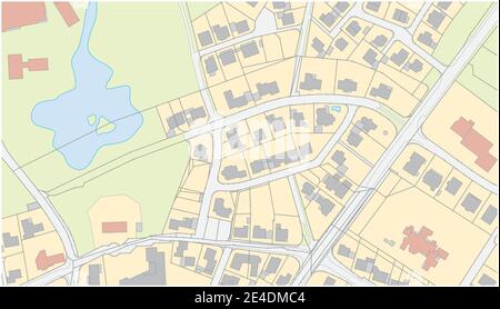 Imaginary cadastral map of an area with buildings and streets Stock Vector