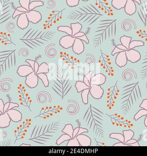 Elegant trendy hibiscus flowers and palm leaves vector seamless pattern design for textile and printing-ditsy floral texture with sky color background Stock Vector