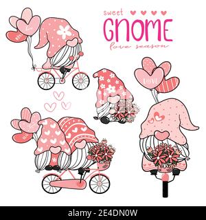 Sweet cute Gnome in pink hat on bicycle with heart balloons collection, couple lover gnome love Valenti.ne element set Stock Vector