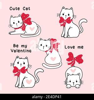 Cute Valentine white cat with red ribbon bow clip art set, cartoon illustration vector element set Stock Vector