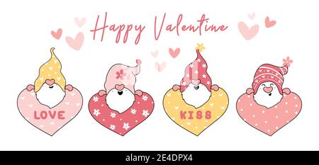 cute Valentine pink Gnome with heart, love, kiss collection, cartoon outline vector Stock Vector