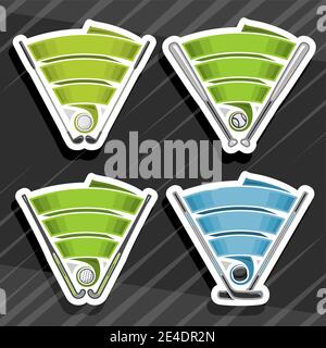 Vector set of Sports Logos with copy space for text, 4 isolated badges with illustrations of sport balls and sticks, green and blue decorative ribbons Stock Vector