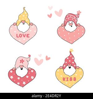 cute Valentine pink Gnome with heart, love, kiss collection, cartoon outline vector Stock Vector