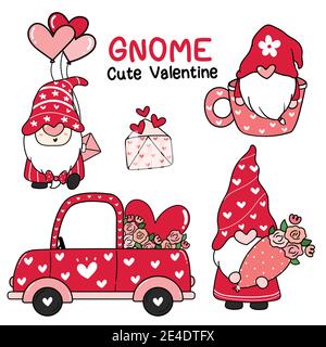 Cute Valentine love gnome in red hat collection, cartoon doodle flat vector clip art Stock Vector