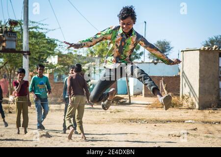 Rajasthan. India. 07-02-2018. Children doing sports during school in their neighborhood. Stock Photo