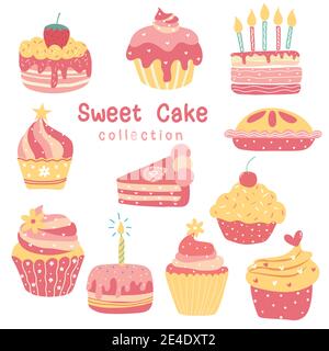 valentine Birthday cake collection sweet bakery muffin, pie, cupcake, cute cartoon flat vector Stock Vector