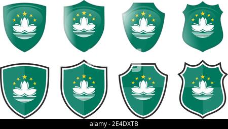 Vertical Macao flag in shield shape, four 3d and simple versions. Macau icon / sign Stock Vector