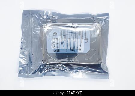 Huelva, Spain - January 21, 2021: A new Seagate Barracuda SATA 3TB Hard Disk Drive in its anti static bag Stock Photo