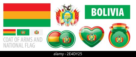 Vector set of the coat of arms and national flag of Bolivia Stock Vector