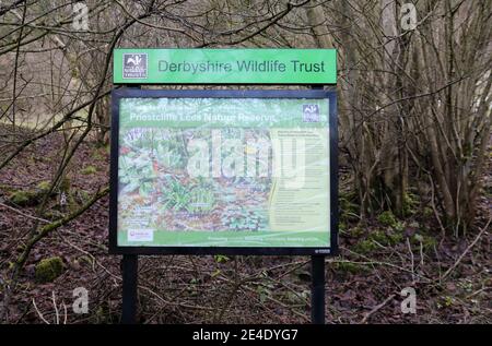 Derbyshire Wildlife Trust information board at Priestcliffe Lees Nature Reserve near Buxton Stock Photo