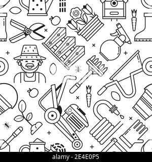 Spring Gardening Seamless Pattern in Line Art Stock Vector