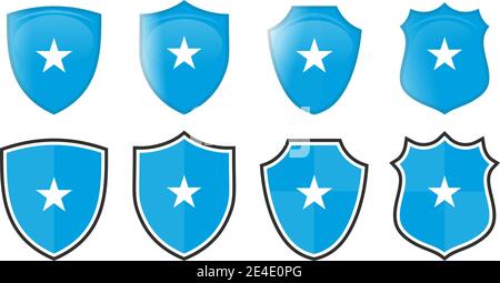 Vertical Somalia flag in shield shape, four 3d and simple versions. Somali icon / sign Stock Vector