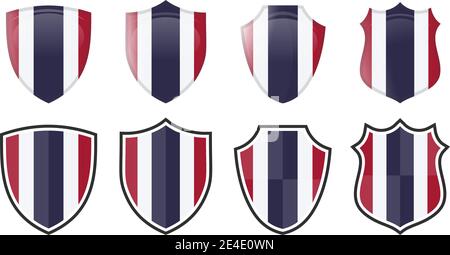 Vertical Thailand flag in shield shape, four 3d and simple versions. Thai icon / sign Stock Vector
