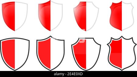 Vertical Indonesia flag in shield shape, four 3d and simple versions. Indonesian icon / sign Stock Vector