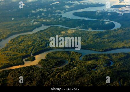 River in tropic Costa Rica, Corcovado NP. Lakes and rivers, view from airplane. Green grass in Central America. Trees with water in rainy season. Phot Stock Photo