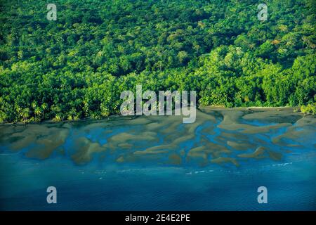 Ocean coast and tropic jungle forest in Costa Rica. River in tropic Costa Rica, Corcovado NP. Lakes and rivers, view from airplane. Green tropic jungl Stock Photo