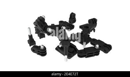 Action camera mount accessories fitting kit plastic mounts for modern action cameras Stock Photo