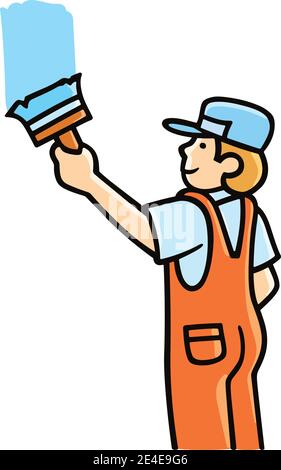Painter man painting house wall with brush. Worker guy using paintbrush and paint cans. Interior renovation service and Decorator job vector clipart Stock Vector