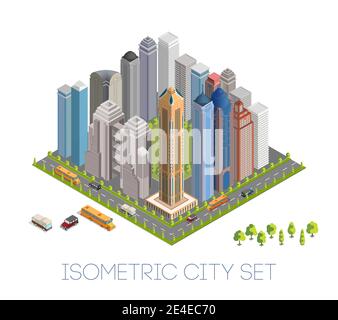 Megapolis 3d isometric city. Houses set, office, bank, skyscraper, buildings. School bus isometric, Offroad car, camper van. Park tree vector. Cartoon Stock Vector