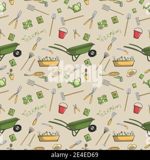 Decorative garden tools seamless wallpaper or background retro print pattern vector illustration Stock Vector