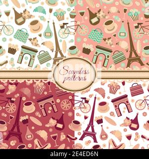 Collection of seamless patterns with Paris landmarks and France symbols vector illustration Stock Vector