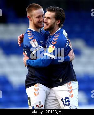 Oldham Athletic's Davis Keillor-Dunn (left) celebrates with Oldham Athletic's Conor McAleny scoring his side's first goal of the game during the Sky Bet League Two match at Boundary Park, Oldham. Picture date: Saturday January 23, 2021. Stock Photo