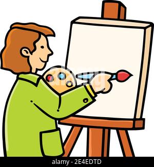 Vector illustration of a happy young painter artist painting with a paintbrush on canvas Stock Vector