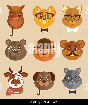 Decorative animal hipsters icons set cat horse dog and bear in hats and bow ties vector illustration. Stock Vector