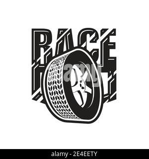 Racing emblem with tire, car wheel rim and tyre icon, race label or badge, vector Stock Vector